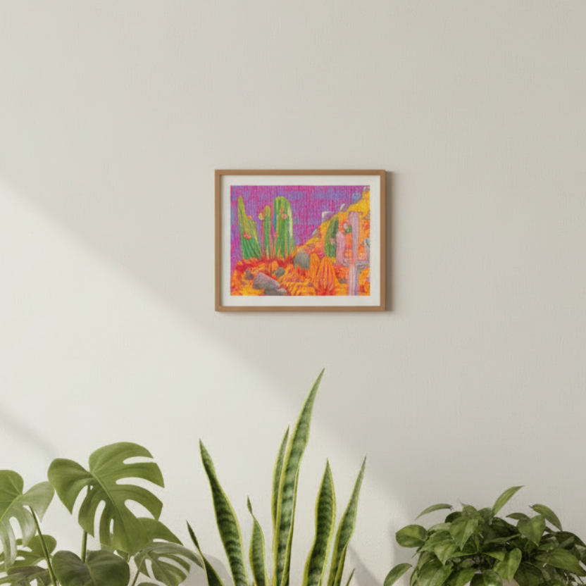 Three potted plants on a wooden floor with a colorful painting of cacti on the wall.