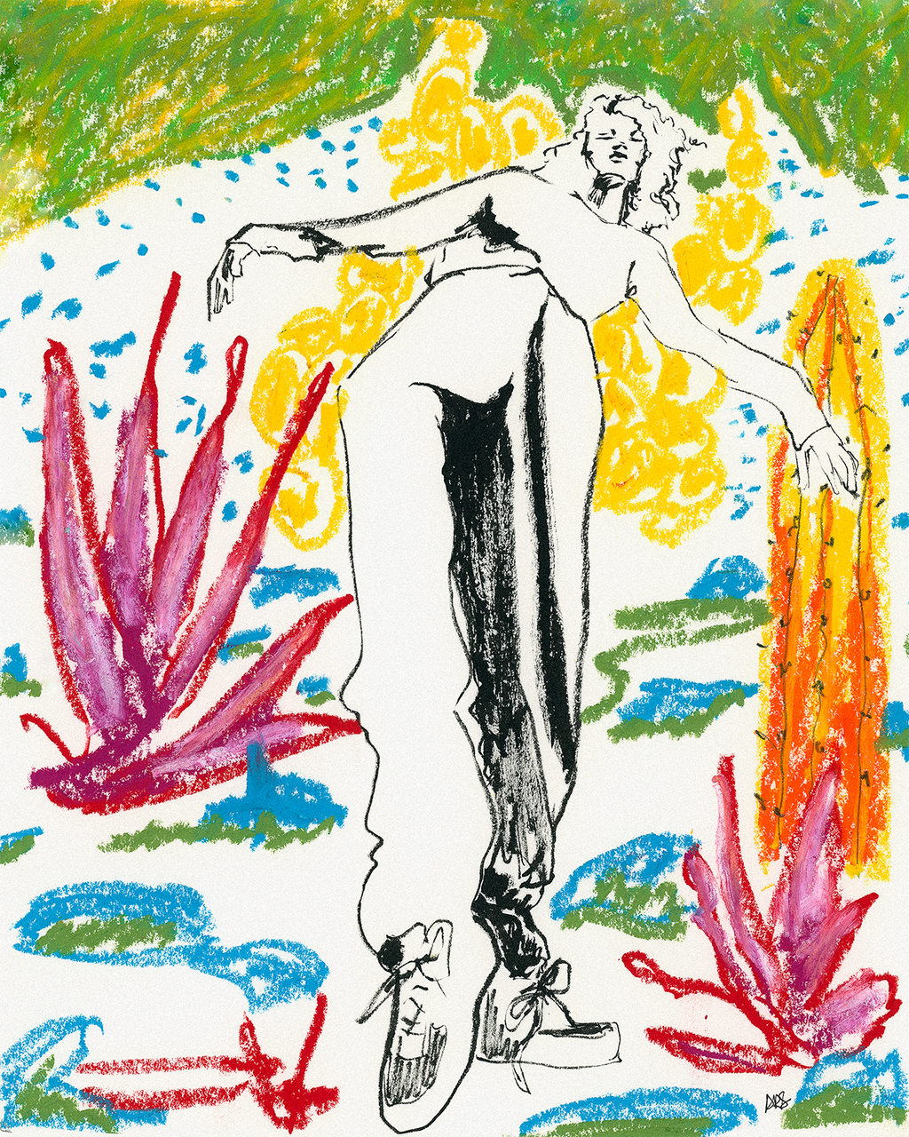 Figure Leaning-Yellow Cactuses-Red Plants