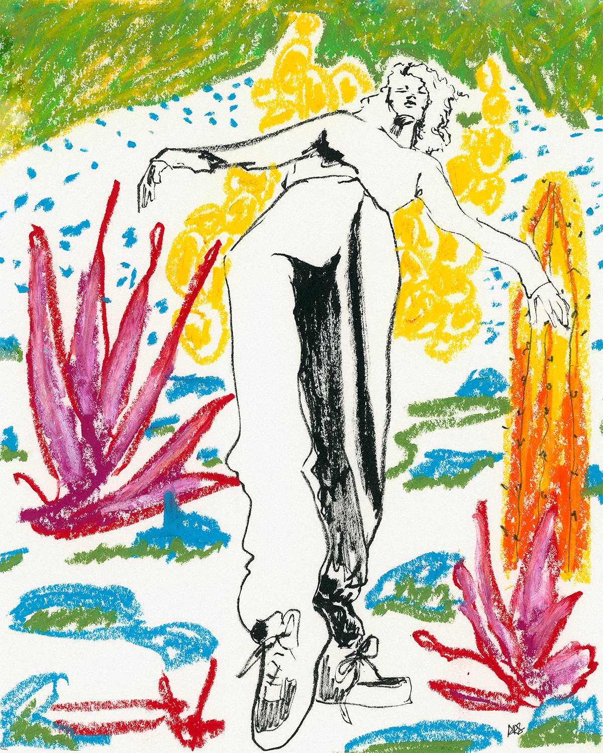 Figure Leaning-Yellow Cactuses-Red Plants