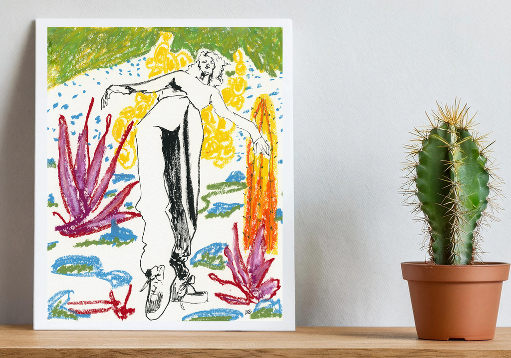 Figure Leaning-Yellow Cactuses-Red Plants
