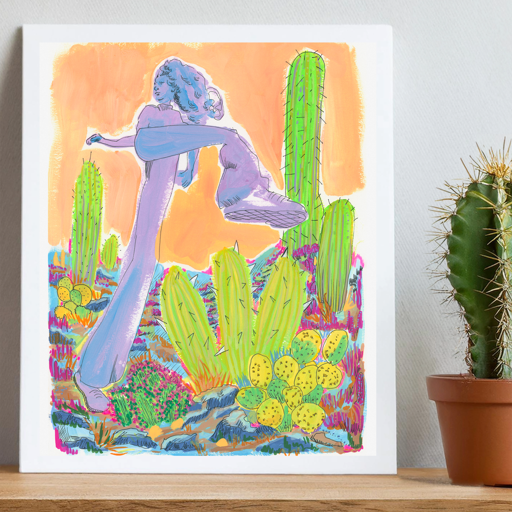 Purple/Blue/Orange Figure in Desert with Cacti