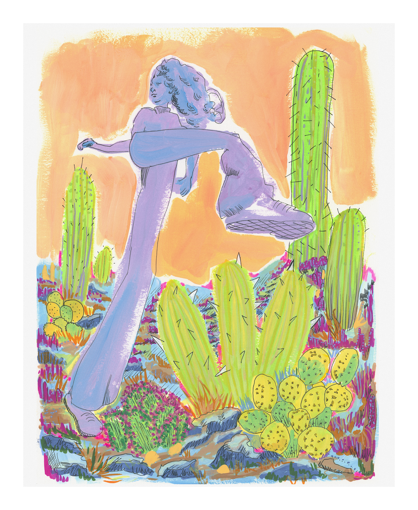 Purple/Blue/Orange Figure in Desert with Cacti