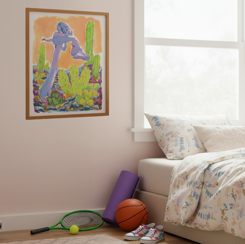 Purple/Blue/Orange Figure in Desert with Cacti