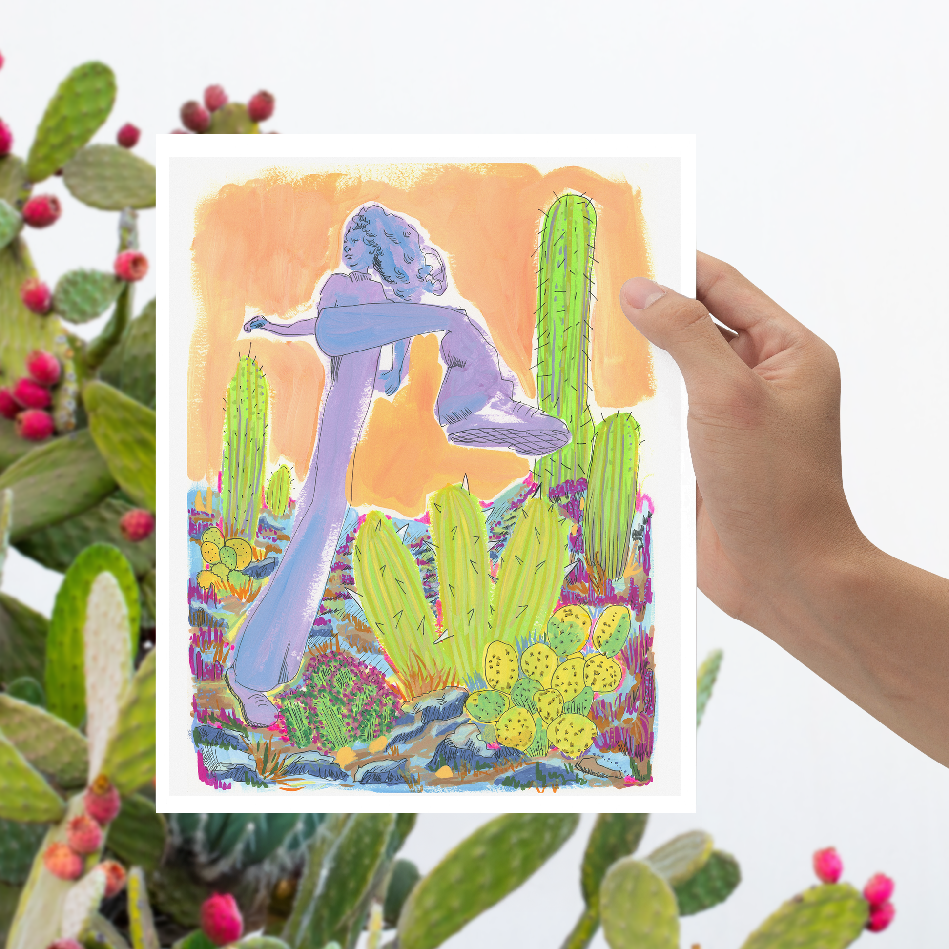 Purple/Blue/Orange Figure in Desert with Cacti