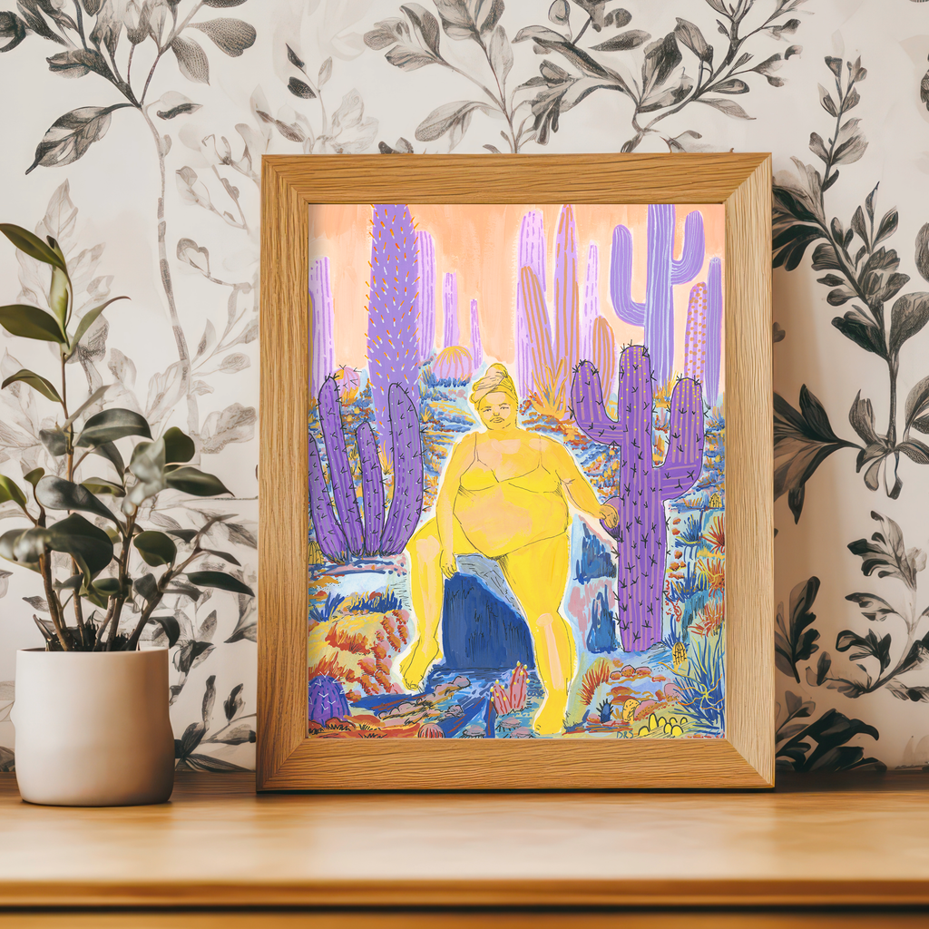 Unbothered-Figure in Yellow and Purple Cacti