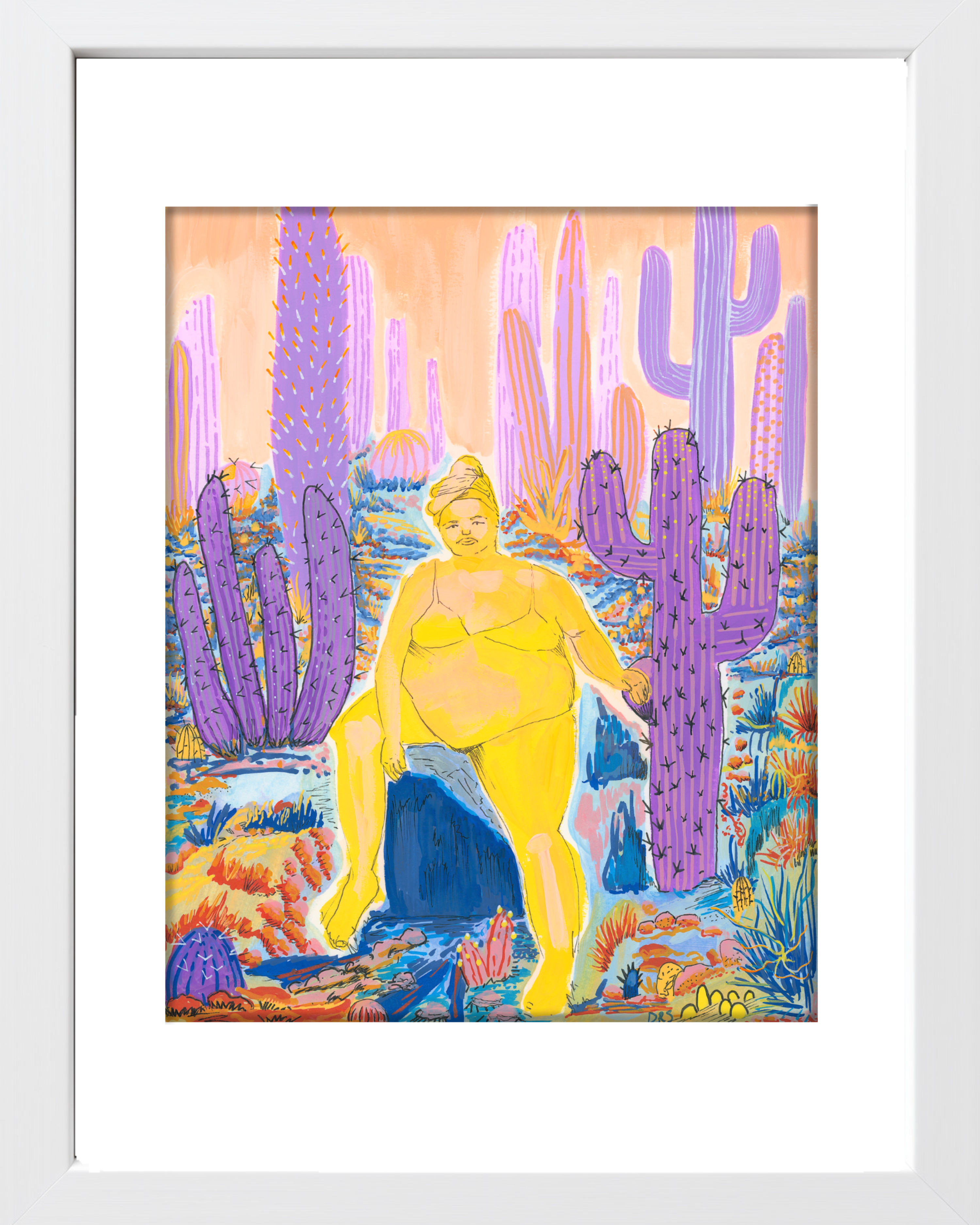 Unbothered- Figure in Yellow with Purple Cacti (Original)