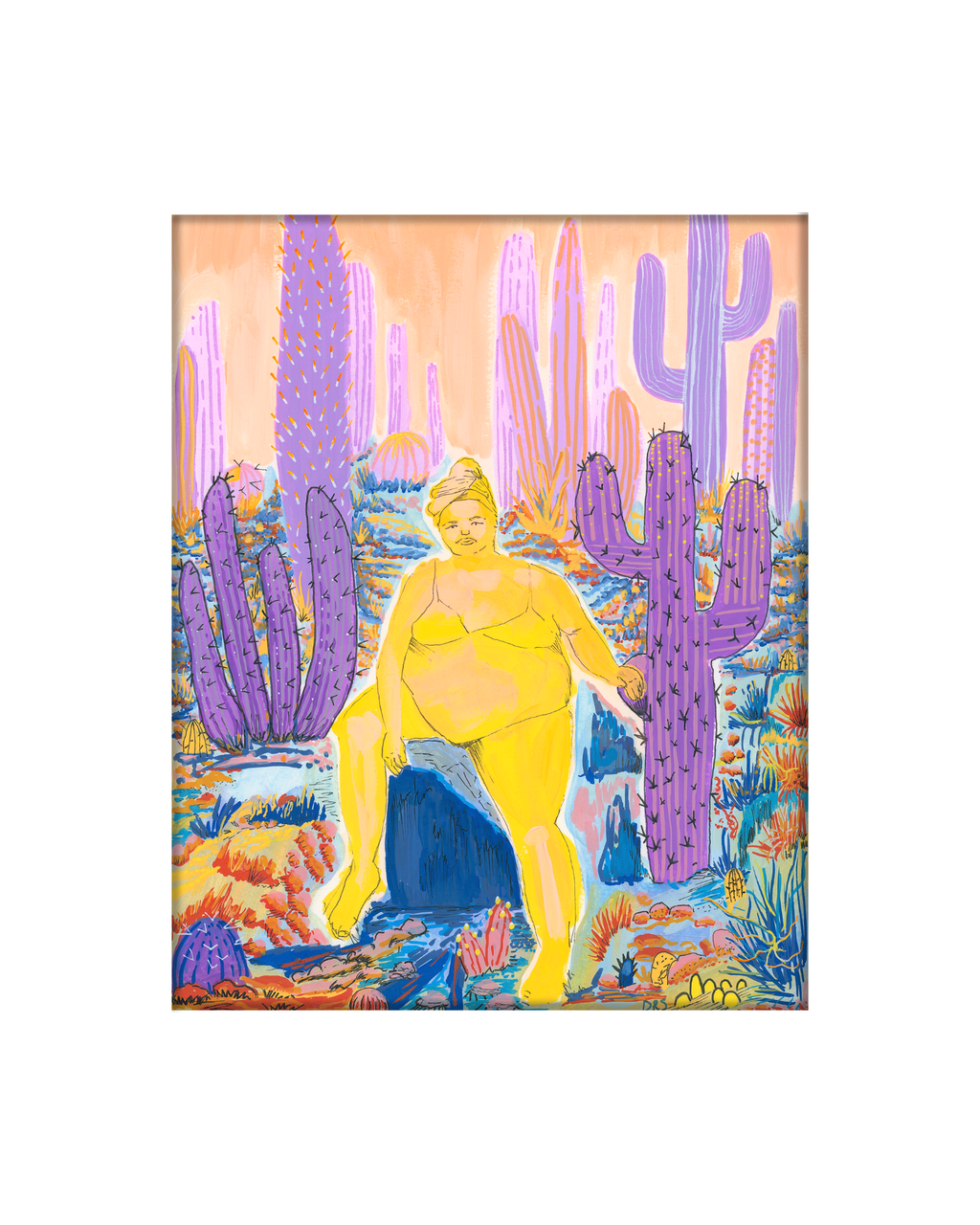 Unbothered- Figure in Yellow with Purple Cacti (Original)