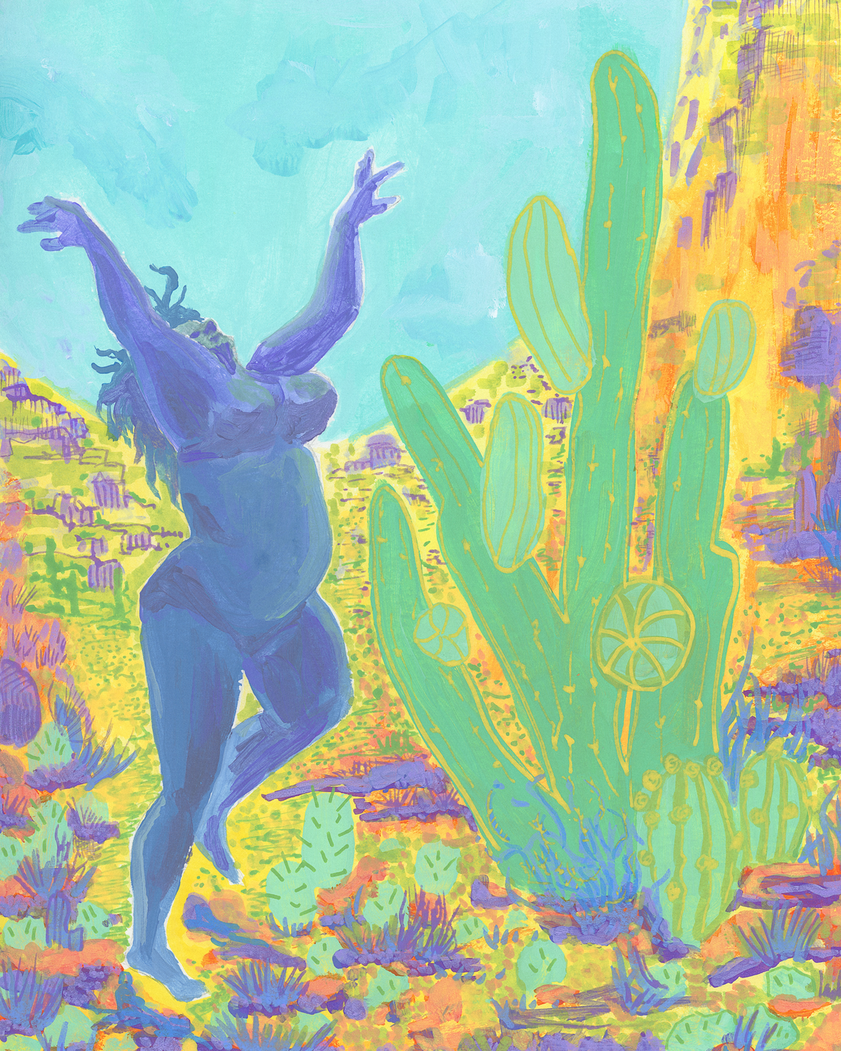 Woman in Blue with Green cactus Freely Feminine