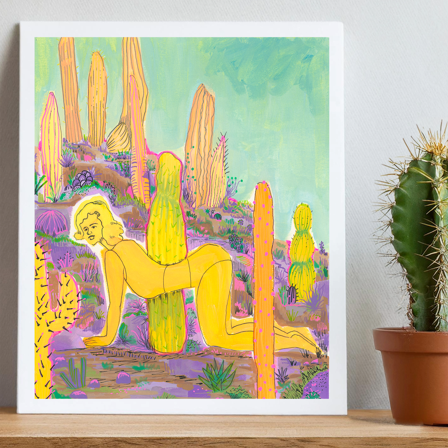 Yellow Figure Bending Among Cacti/Desert Landscape
