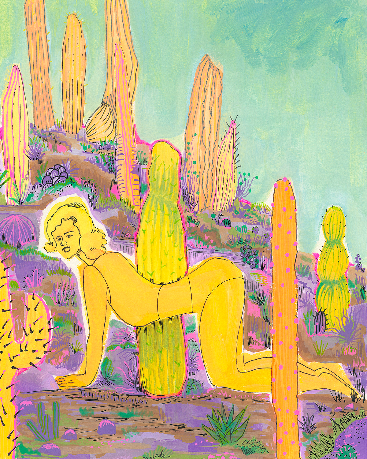 Yellow Figure Bending Among Cacti/Desert Landscape