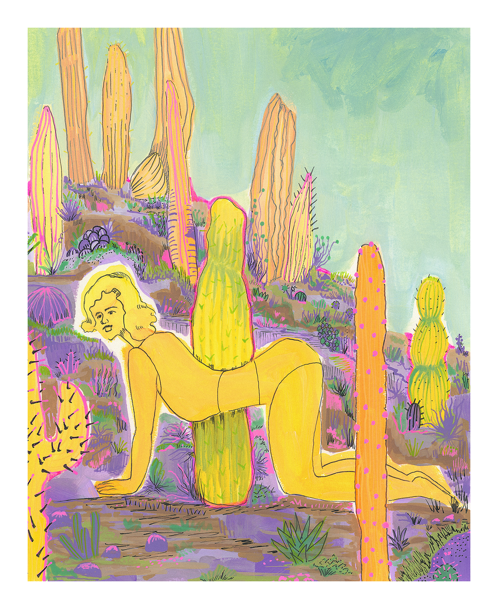 Yellow Figure Bending Among Cacti/Desert Landscape