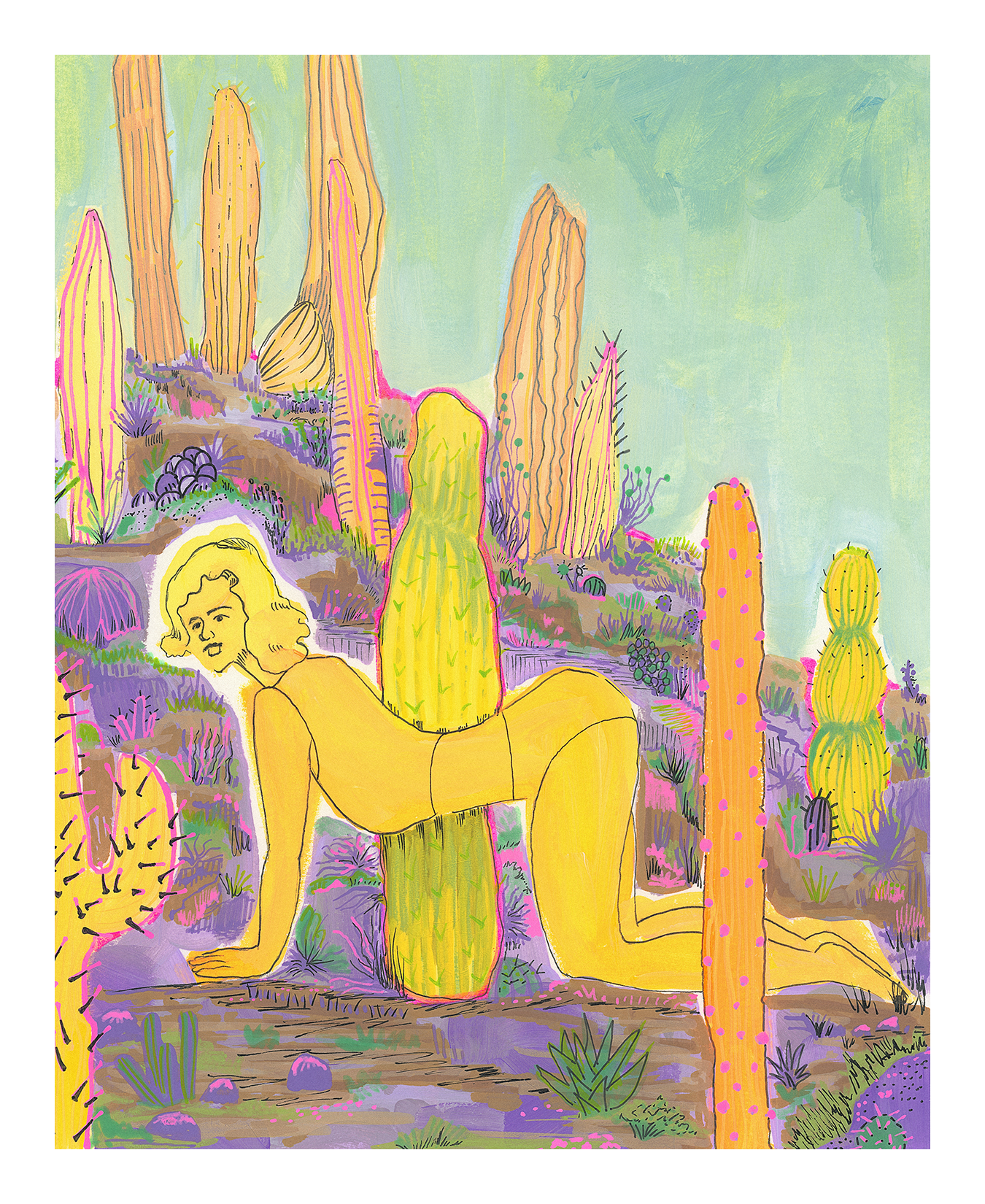Yellow Figure Bending Among Cacti/Desert Landscape