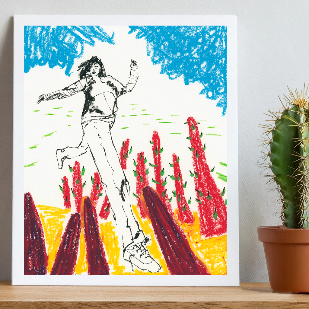 Take the Leap- Figure leaps over cactus