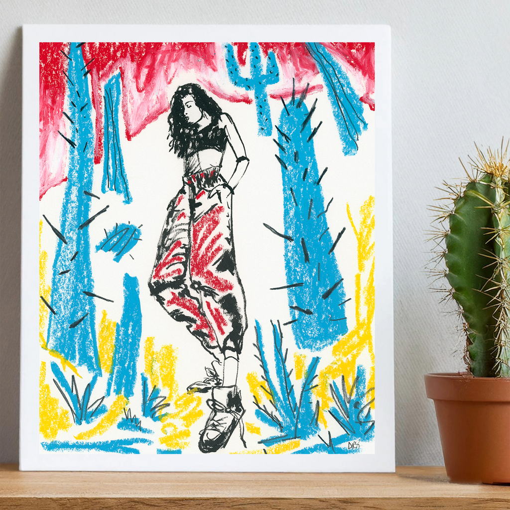 Colorful artwork of a woman in a desert setting with cacti on a white background.