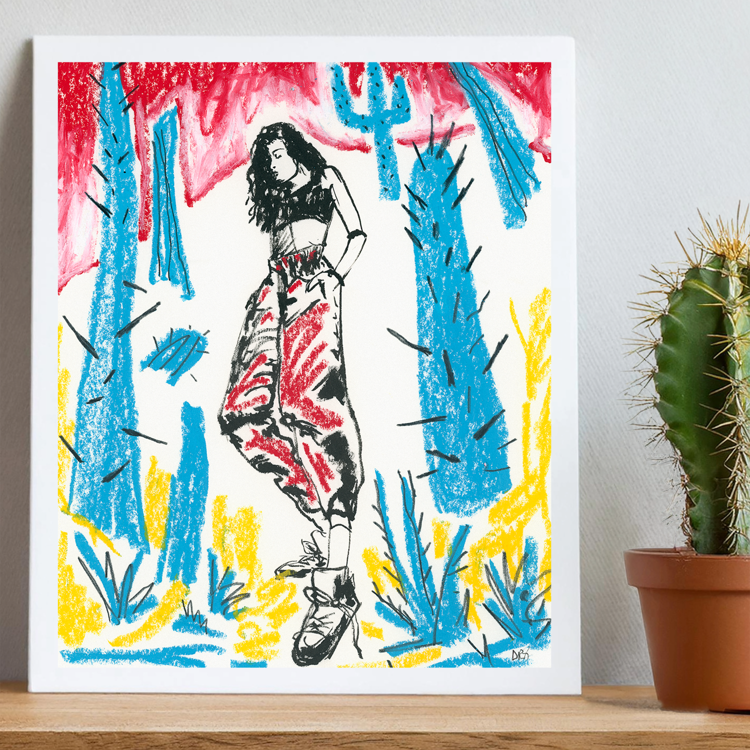 Colorful artwork of a woman in a desert setting with cacti on a white background.