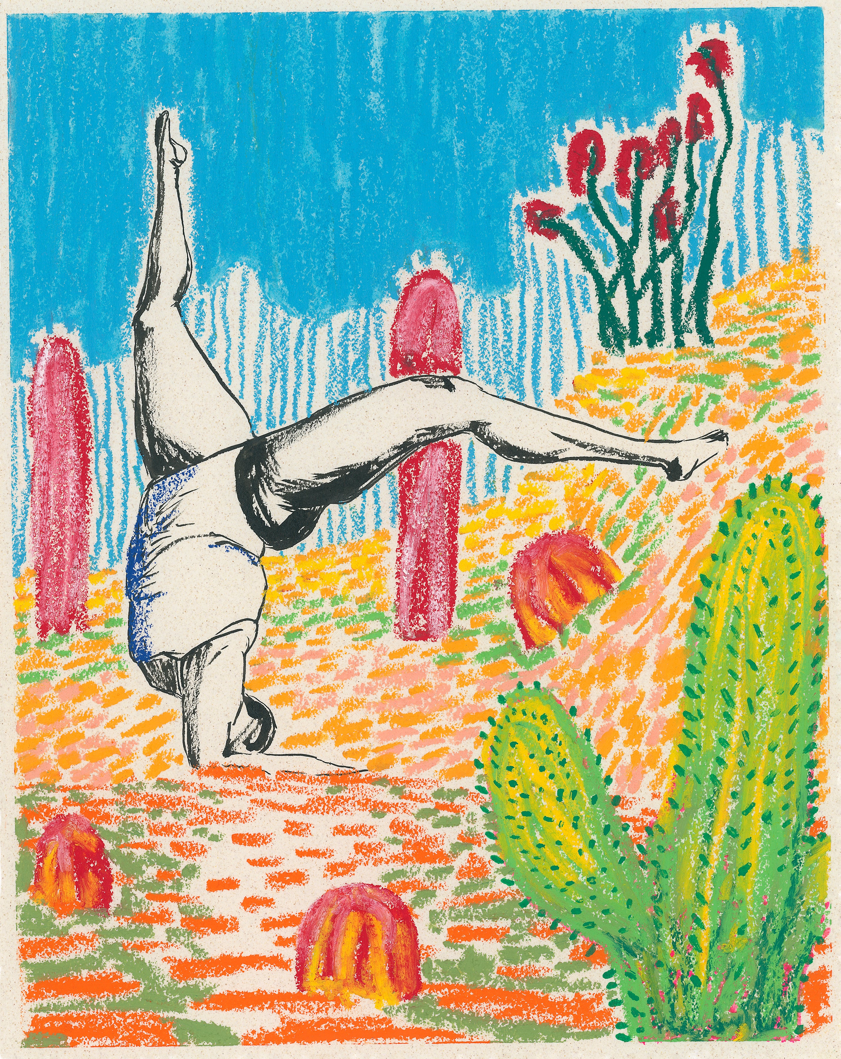 Headstand in the Desert (Colorful) - Original Oil Pastel