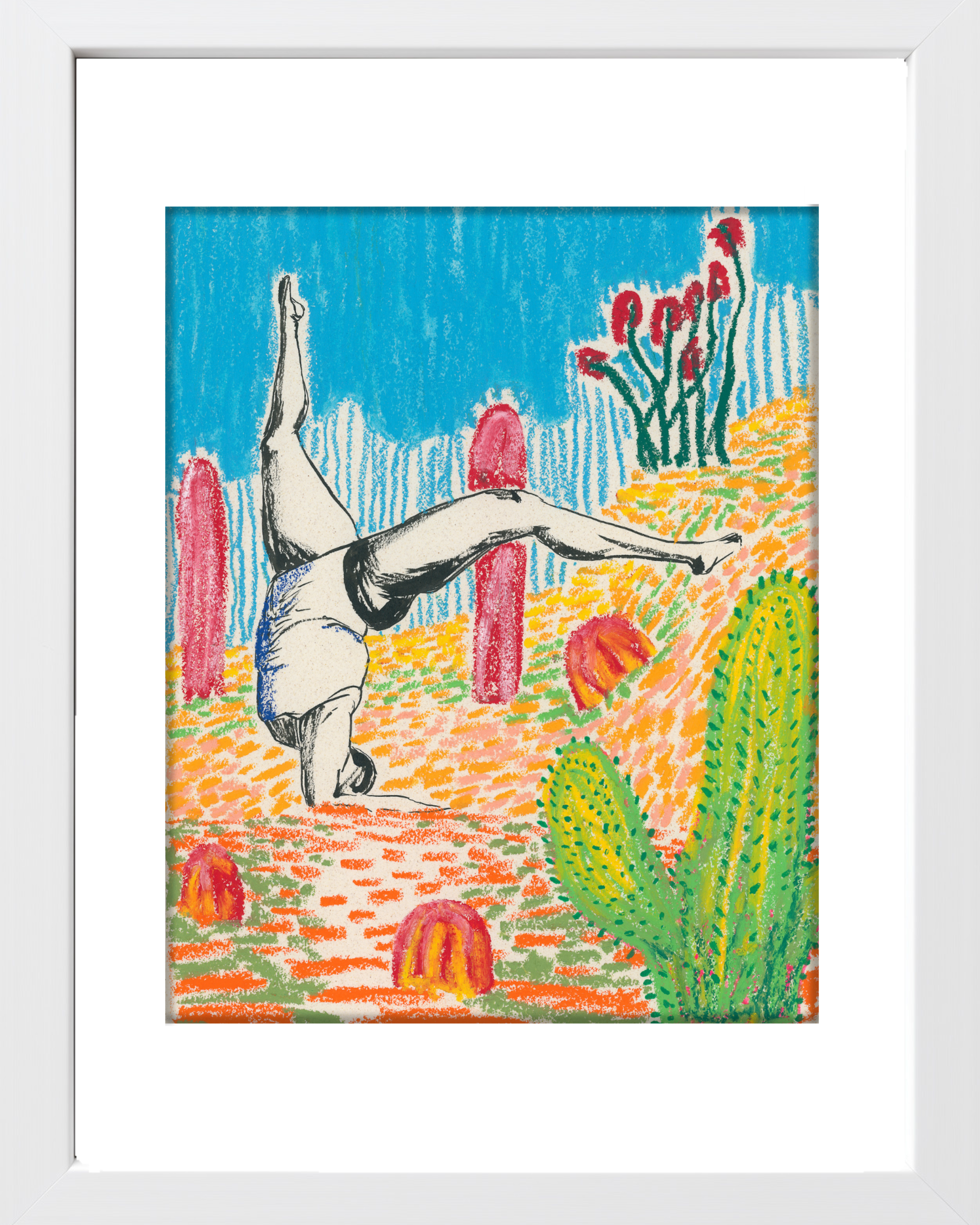 Headstand in the Desert (Colorful) - Original Oil Pastel