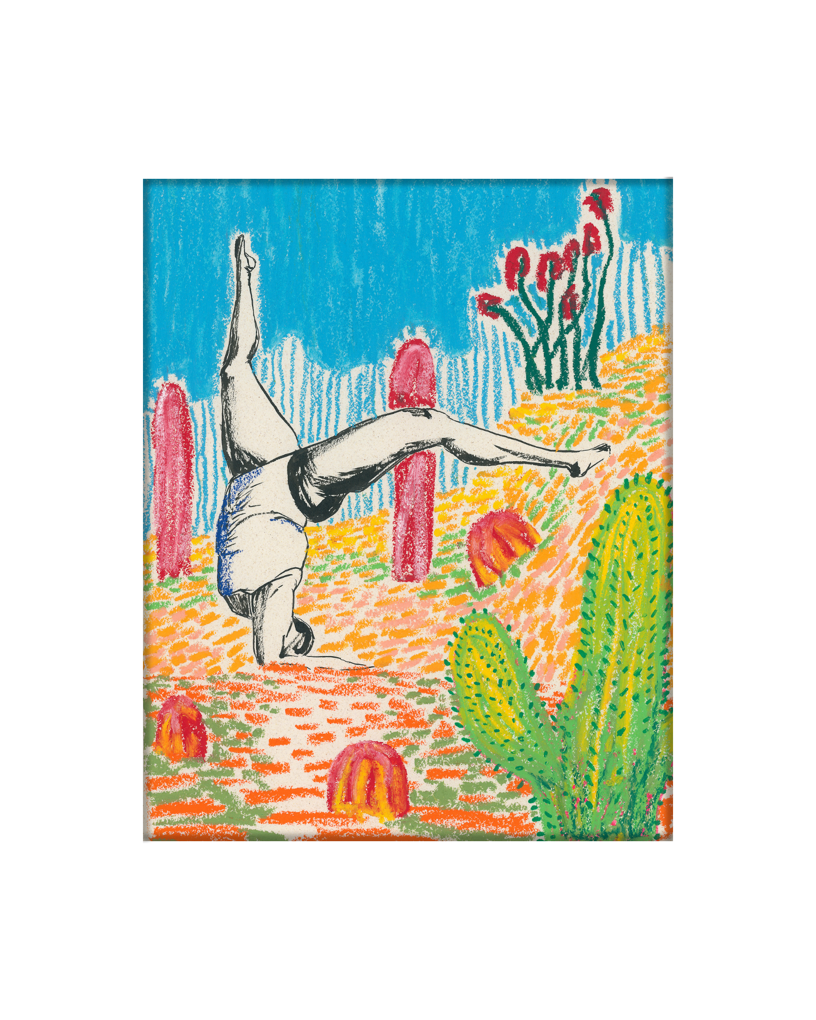 Headstand in the Desert (Colorful) - Original Oil Pastel