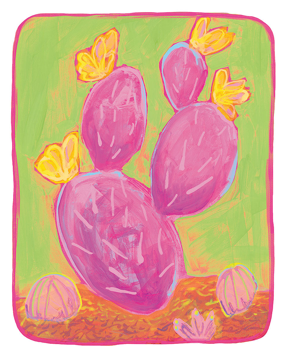 Pink Cactus/Yellow Flowers Poster