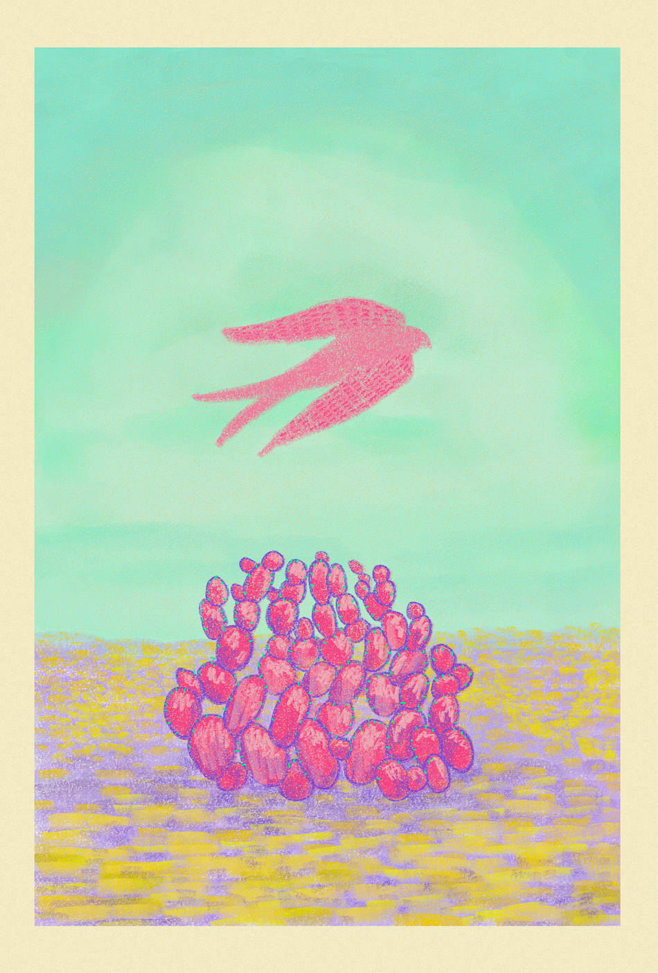 Pink Bird flying over Cactus