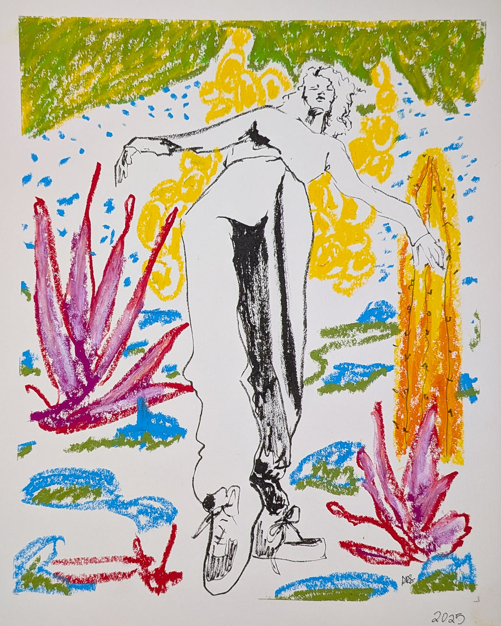 Active Woman with Yellow Cactus Paddles Behind - Original Illustration