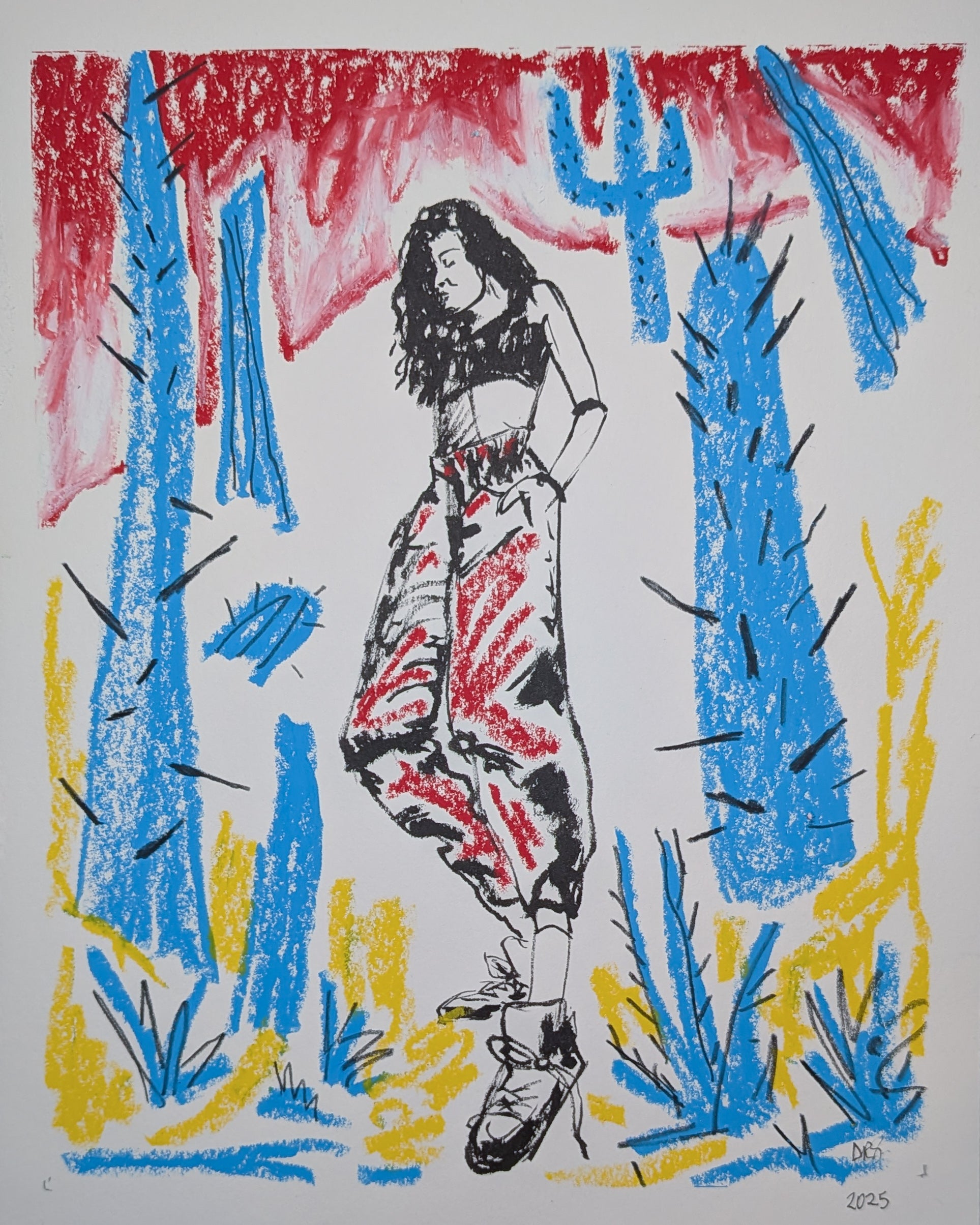 Active Woman with Blue Cactus and Red Sky - Original Illustration