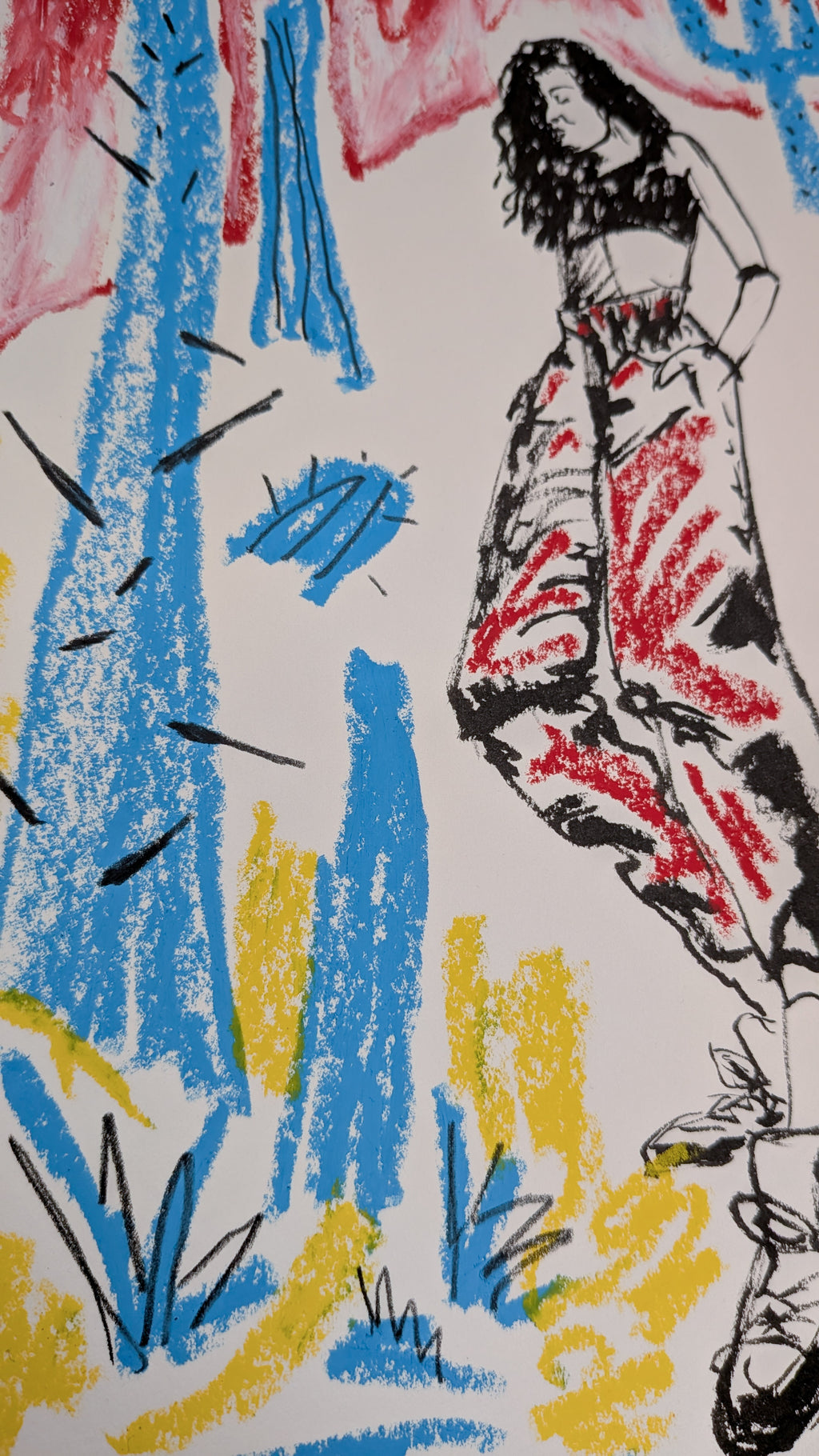 Active Woman with Blue Cactus and Red Sky - Original Illustration