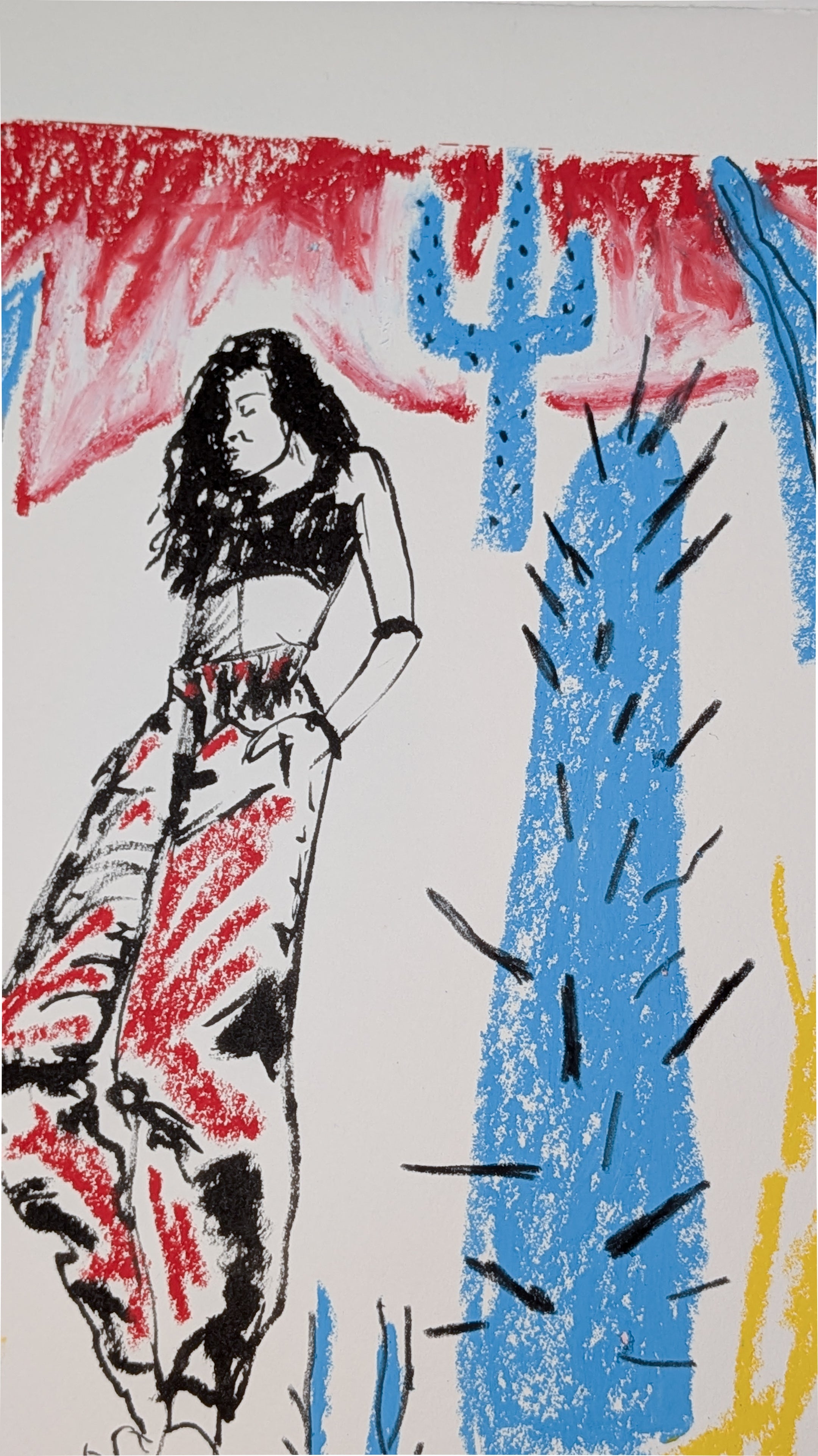 Active Woman with Blue Cactus and Red Sky - Original Illustration