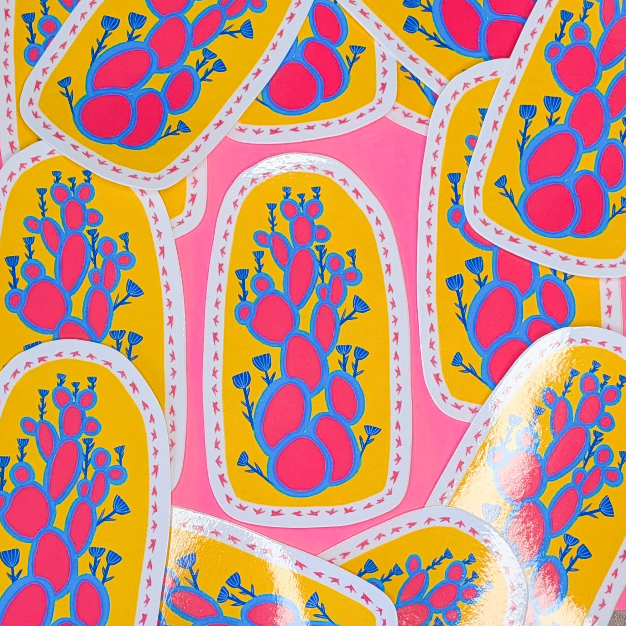 Pink Cactus Paddles/Blue Flowers/Tiny birds(Sticker)