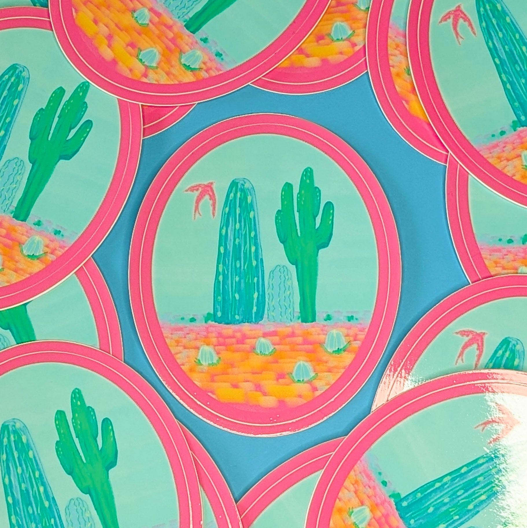 Green Cacti with Pink Bird Oval Sticker