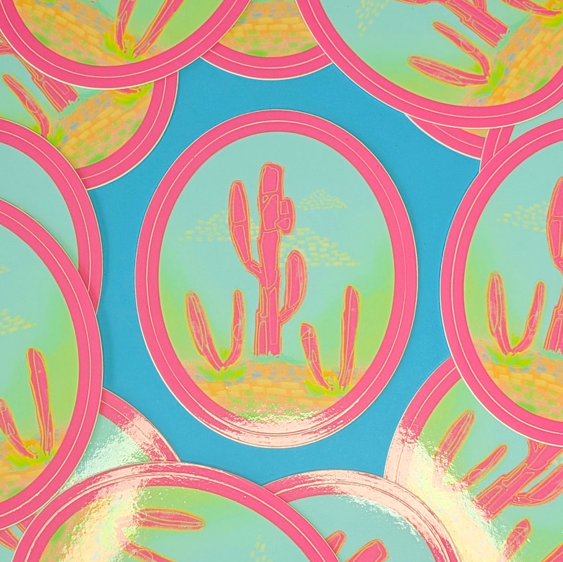 Pink Saguaro Green Sky Oval Sticker