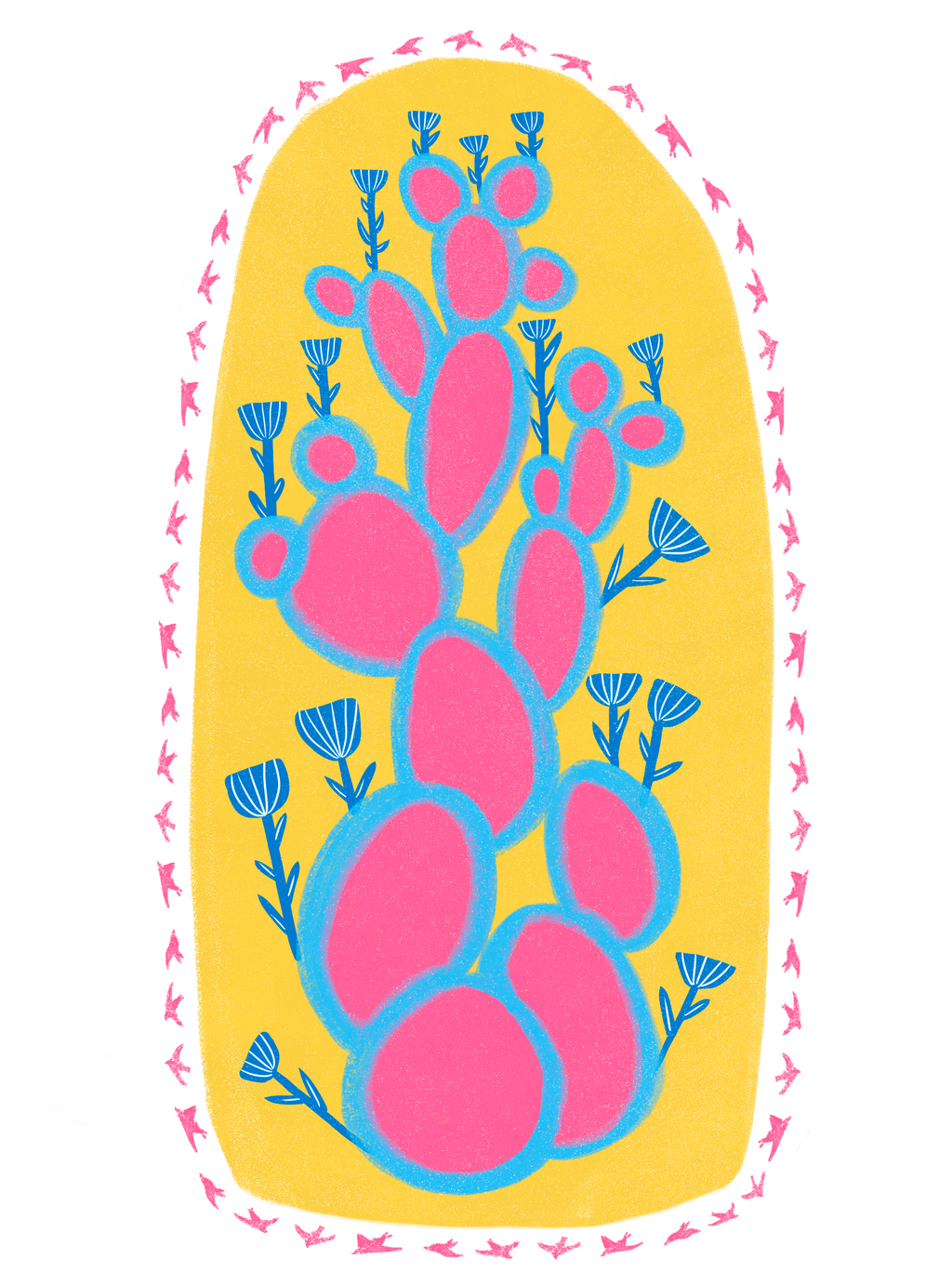 Pink Cactus Paddles/Blue Flowers/Tiny birds(Sticker)