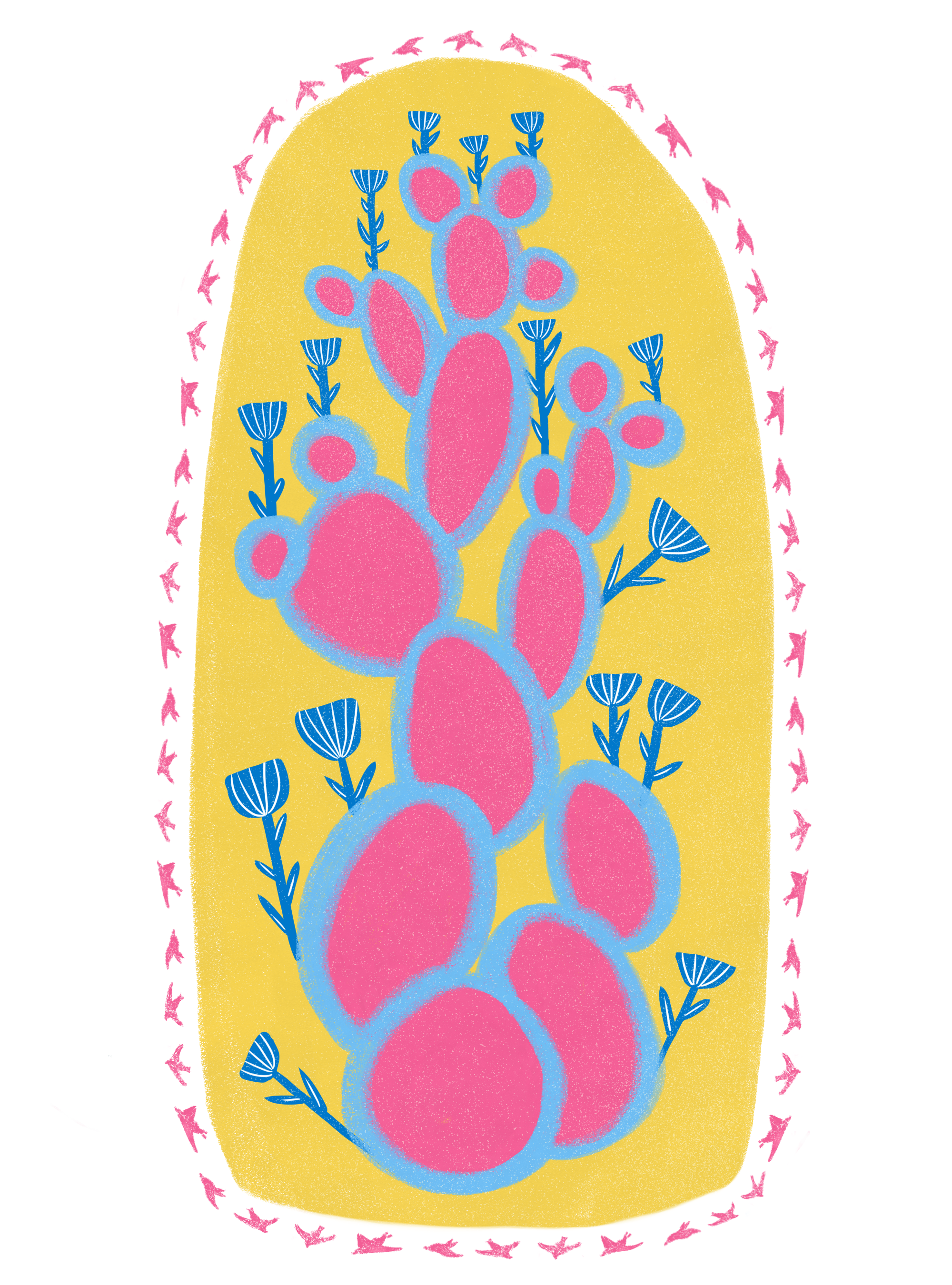 Pink Cactus Paddles/Blue Flowers/Tiny birds(Sticker)