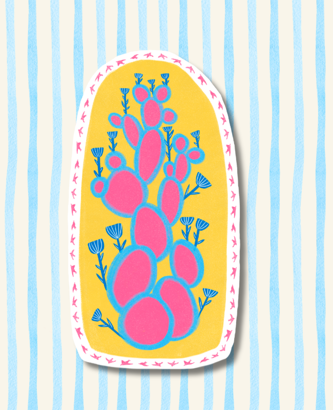Pink Cactus Paddles/Blue Flowers/Tiny birds(Sticker)