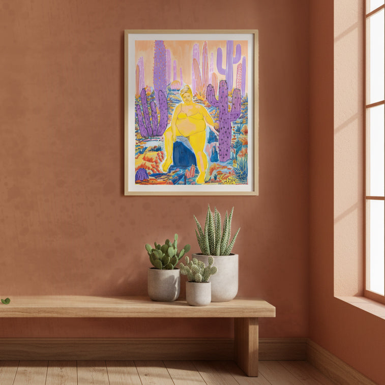 Unbothered-Figure in Yellow and Purple Cacti