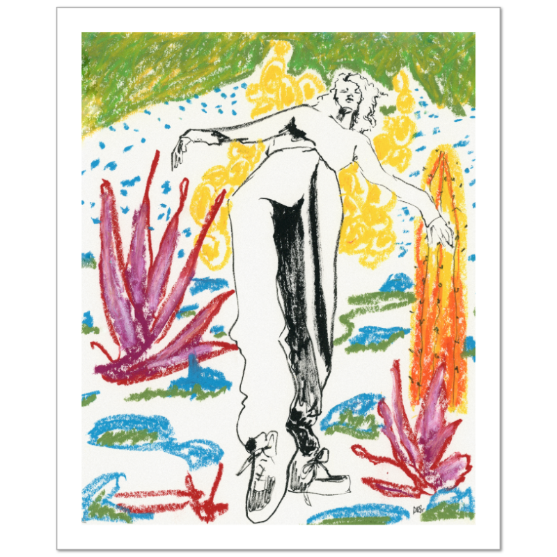 Figure Leaning-Yellow Cactuses-Red Plants