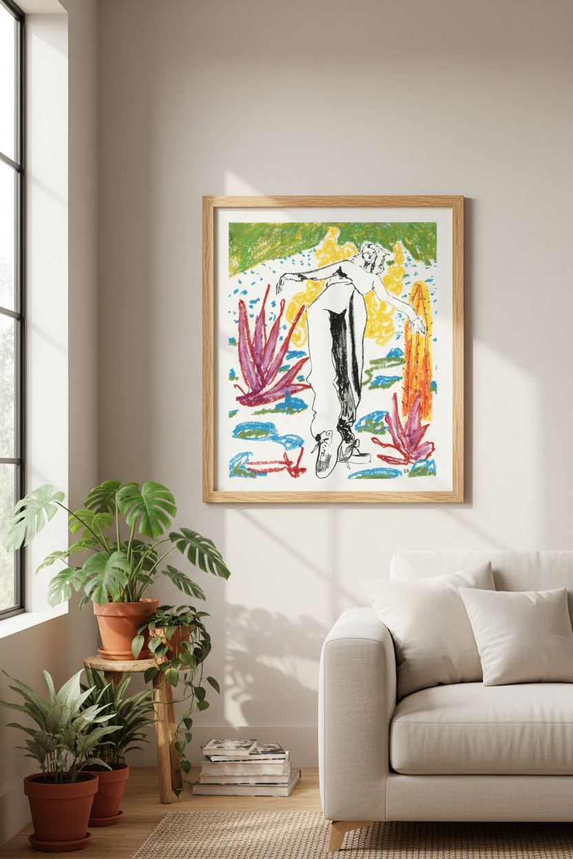 Figure Leaning-Yellow Cactuses-Red Plants