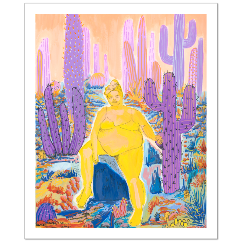 Unbothered-Figure in Yellow and Purple Cacti