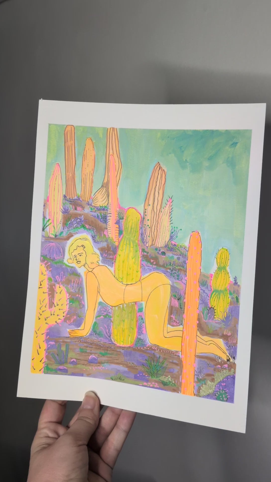 Yellow Figure Bending Among Cacti/Desert Landscape (Original)